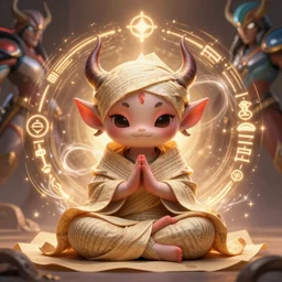 a tiny adorable demon meditating, wrapped in sacred parchment with glowing text, smooth, intricate, elegant, digital painting, artstation, power runes, pulsing energy, concept art, sharp focus, octane render, illustration, art by shintaro kago and takato yamamoto, overwatch character,