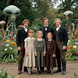 sharp, detailed, 36864k film, 175000mm film still from a sci fi blockbuster color movie made in 2019, set in 1860, of a family standing in a park, next to some strange alien plants and flowers, on an alien planet, the family are all wearing 1860s era clothes, good lighting, enhanced faces, 700mm f/1.4L lens
