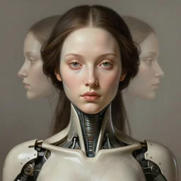portrait of female android, symmetry, intricate, elegant, highly detailed, smooth, sharp focus, concept art, digital painting, illustration, artstation, by fra angelico, sandra chevirer and greg ruthkowski