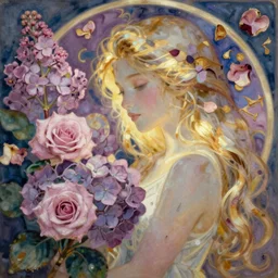 lilac hair goddess of light through hydrangeas flowers, soft rose and dried petals, alphonse mucha style, painterly, highly detailed, 8 k,