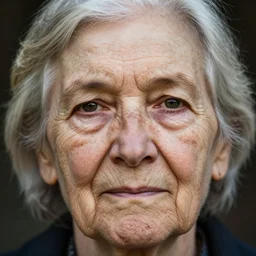 The portrait is of an elderly woman. She has wrinkles on her forehead and around her eyes. Her skin is dry and pale, her hair is white and thin, and she has a small mole on her chin. All the pores of the skin are visible. by Mark Mann and Steve McCurry. Rembrandt. Nikon D850. Sigma 85mm F1.4 DG HSM A. Aperture f/3.5. Shutter speed 1/60. ISO 1600.