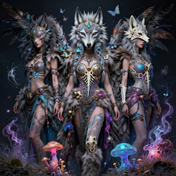 3 d goddess wide angle portrait with feathers, fur, and bones. beautiful intricately detailed avante garde wolf mask and retrowave sorceress outfit. vibrant butterflies, bio luminescent, mycelium, mushrooms, plasma, creature, artwork by tooth wu and android jones wlop and android jones and beetle and greg rutkowski