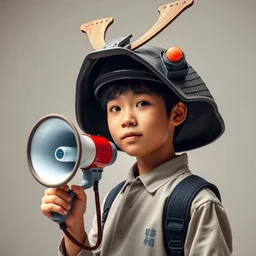 wide full shot of an asian school boy holding a megaphone in his hand, wearing a samurai headgear cosplay, film studio background, softlight, photorealistic, art by artgerm and greg rutkowski
