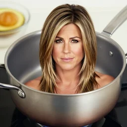 airbrushed art in bottom of saucepan of jennifer joanna aniston, food photogrpahy