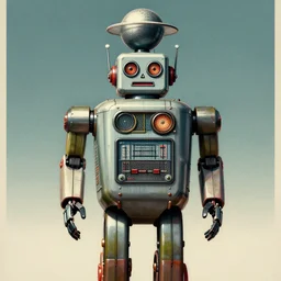 extreme wide shot of a 1950s retro Cactus robot, with space above the head. full body framed. Bionic Arms and eyes. pop surrealism, poster art, muted colours. by Jean-Baptiste Monge, wide shot