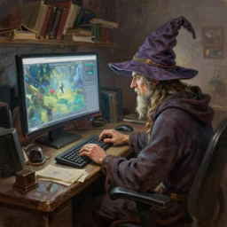 fantasy oil painting, wizard sitting at his computer, as a mtg character, typing on a keyboard, big screen, inside a cluttered lan party room, wrinkled wizard hat, books, extremely detailed, digital illustration, concept art, readability, impasto, sharp focus, art by brothers hildebrandt, and alex grey