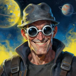 an intimate portrait of a gnarly human cyberpunk captain, old skin, faded hat, charming, strong leader, small white goggles, a look of cunning, big smile, detailed matte fantasy painting, the planets and night war rages behind him, yellow and blue and cyan