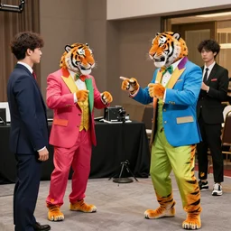 two anthropomorphic tiger magicians in flamboyant colorful suits giving commands to their two humans who are doing suits, 4k, live photography, event photography