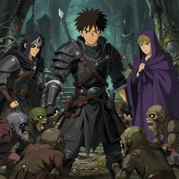 a film still of an dnd, warrior + rogue + mage + cleric fight against goblins, fantasy dungeon, finely detailed features, closeup at the faces, perfect art, at an ancient city, gapmoe yandere grimdark, trending on pixiv fanbox, painted by greg rutkowski makoto shinkai takashi takeuchi studio ghibli, akihiko yoshida