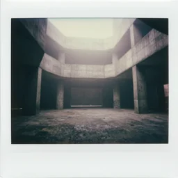 interior of a concrete megastructure, foggy, old polaroid, expired film, megalophobia,