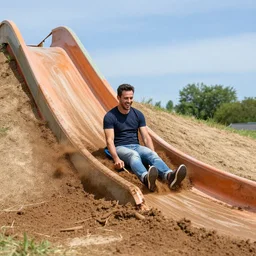 a man gliding down a brown pudding slip n slide