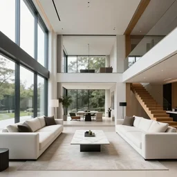 A modern living room with floor to ceiling glass windows on the left and wooden stairs to the second floor on the right, two white sofas with a white marble table in the center, 8k resolution, professional interior design photograph, wide angle photograph