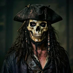 portrait photo of a dirty rugged old pirate lord wearing dirty old black hat, black coat and a worn ans stained skull bone mask, long black beard and long black hair, cinematic dark lighting, movie scene, dslr photo, depth of field