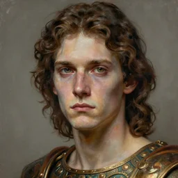 painting of a pale serious young man, soft face and medium brown wavy hair wearing bronze age clothing, ultra realistic, smaller ocular orbit, concept art, intricate details, eerie, highly detailed, pursed lips, melancholy expression, photorealistic, celestial upturn nose, prominent chin, octane render, 8 k, unreal engine. art by artgerm greg rutkowski alphonse mucha