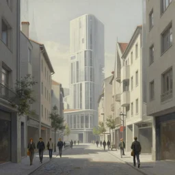 super detailed and realistic concept art painting of modern 2 1 st century old town city street by bill brauer, alexandre calame, jesse marlow and stefan lauterbach, ronny behnert and manfred voss featured on artstation, modernism, low saturation, 8 k, wallpaper, intricate matte painting
