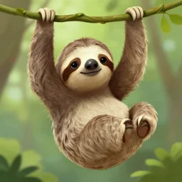 digital painting of an energetic young sloth with big eyes swinging on a vine