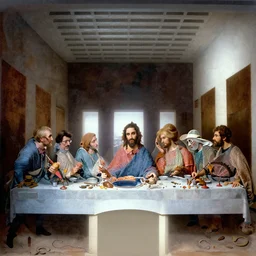 the last supper iconic image in the style of picasso vs dali surreal yin yang symbol