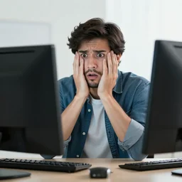 A photo of a scared man in front of a computer, realistic, stock photo