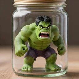 a tiny realistic hulk, upset screaming angry, inside a glass jar. sharp focus, photography, unreal engine, trending on artstation, photorealistic, octane, trending on deviantart, unreal engine