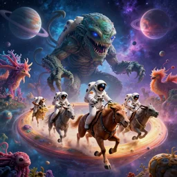 Astronauts have a treasure with them, they are riding some wild creatures to escape from the giant Cthulhu that is behind hunting him, they are running over the ring of the gas planet, this is an extravagant planet with wacky wildlife and some mythical animals, the background is full of nebulas and planets, the ambient is vivid and colorful with a terrifying atmosphere, by Jordan Grimmer digital art, trending on Artstation,