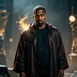 kanye west as a wizard, superhero, splash art, movie still, cinematic lighting, ray tracing, octane render, long lens, shallow depth of field, bokeh, anamorphic lens flare, 8 k, hyper detailed, 3 5 mm film grain