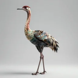 a bird like animal with a long neck and long legs, a digital rendering by craola, deviantart, massurrealism, hyper - realistic, majestic, daz 3 d