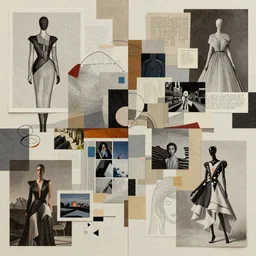 surrealistic modernist collage of paper, tissue, photographs, and clippings by david plunkert and vogue couture illustrators : : hd, 8 k, deep focus, intricate lines, abstract, concept art, houdini, substance 3 d, quixel megascans, gallery lighting