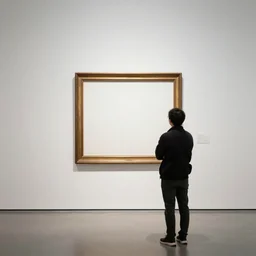 person seen from behind standing in an empty gallery contemplating over a frame hanging at the opposite wall, photo taken with provia 1987