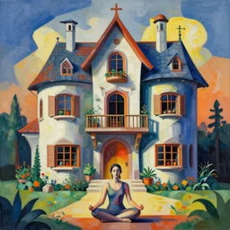 an amazing pictures of a single conscious person meditating in front of a large mythical house designed by zaha hadid painted in the art style of cubism, high detail, 4 k resolution, strong and vibrant colors