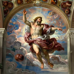 the flying spaghetti monster in all his glory, saint, holyness, dramatic lighting, epic cirrus radiating clouds, godrays, meatballs, hyper detailed, sistine chapel, michelangelo