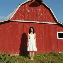 a young woman in the shadow! of a red barn!. black hair, white! dress, sharp focus, wide angle, in the style wlop, trending on artstation, smooth, illustration, hyper detailed, unreal engine, ray tracing