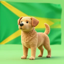 a light brown dog stands in front of a green an yellow flag | 3D pop art | octane renderer | stylized | HD