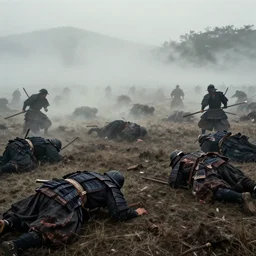 a light fog washes over a wartorn battlefield as samurai warriors crawl away from combat, trending on artstation, intense, dramatic