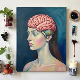 “ flatlay, sensual portrait in a female art student ’ s apartment, brain, fresh fruit, berries, plants in scientific glassware, art materials, candle dripping white wax, berry juice drips, neo - expressionism, surrealism, acrylic and spray paint and oilstick on canvas ”
