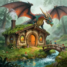 a medieval hobbit home and a soaring dragon! ornate, beautiful, atmosphere, vibe, mist, smoke, chimney, rain, well, wet, pristine, puddles, waterfall, clear stream, bridge, orange, green, stained glass, forest, flowers, concept art illustration, color page, 4 k, tone mapping, doll, akihiko yoshida, james jean, andrei riabovitchev, marc simonetti, yoshitaka amano, digital illustration, greg rutowski, volumetric lighting, sunbeams, particles, rembrandt