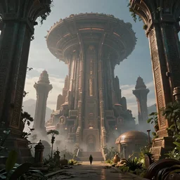 Retro futuristic Sci-Fi space forest scene, Giant Aztec space city, volumetric light, fog, dusk lighting, intricate details ,by denis villeneuve, Ridley Scott, Greg Rutkowski and Alphonse Mucha