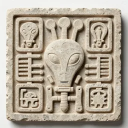 detailed section of a decorative stone panel ornamented with schematic for alien technology. Mayan artifact, 4K high quality museum collection photograph