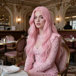 cinestill 5 0 d wide portrait of a dreamy dystopian beautiful woman by annie liebovitz sitting in a baroque cafeteria, long hair, wearing long lace, elegant, highly detailed, pale pink matt, 1 5 0 mm, artstation, sharp focus, head in focus