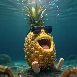 a single delicious pineapple with sunglasses and a big mouth singing sitting underwater, digital art, concept art, trending on DeviantArt, trending on Artstation, high quality, 8K HDR, octane render, unreal engine 5, path tracing, dramatic lighting, cinematic, highly detailed, hyper realistic, medium shot