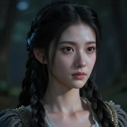 a beautiful, smooth octane render of a daughter of the moon clan, with long, black, braided hair. nightime, low light, dark forest. strong, dabbled light falls on her face. closeup photography. macro detailed oily skin. highly detailed, sharpness. victorian dress. hyper realistic. canon eos ef 5 0 mm.