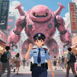 Artwork by James Jean, Phil noto and hiyao Miyazaki; a young Japanese future samurai police girl named Yoshimi battles an enormous looming evil natured soft carnivorous pink robot on the streets of Tokyo; Japanese shops and neon signage; crowds of people running; Art work by studio ghibli, Phil noto and James Jean