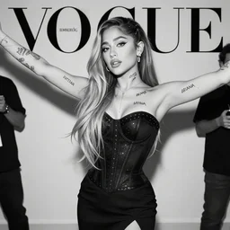 ariana grande recursive photo beautiful ariana grande photo bw photography 130mm lens. ariana grande backstage photograph posing for magazine cover. award winning promotional photo. !!!!!COVERED IN TATTOOS!!!!! TATTED ARIANA GRANDE NECK TATTOOS. Elegant pose, outstretched arms
