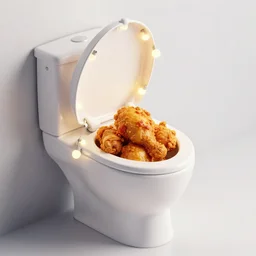 open toilet with fried chicken inside of it, christmas lights attached