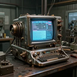 1 9 6 0 s full - color photo of : a complex dieselpunk mechanical metallic personal - computer built in the 1 9 4 0 s, on a workbench inside a greasy factory. its slightly - glowing crt screen is displaying a colorful gui.