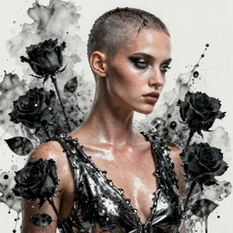 fierce wet fashion model, shaved, in the style of irakli nadar, splashed, sweat skin, liquid metal, effervescent, black roses, poster art, high detail, hyperrealistic illustration, watercolor, deep mood, hyperrealism, 3 d,