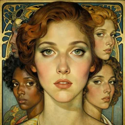 an art nouveau, ( streamline moderne ), multi - ethnic and multi - racial portrait in the style of charlie bowater, and donato giancola, and charles dulac. very large, clear, expressive and intelligent eyes. symmetrical, centered, ultrasharp focus, dramatic lighting, photorealistic digital matte painting, intricate ultra detailed background.
