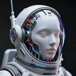 portrait of a biomechanical head inside a futuristic space helmet, organic transistors, neon cables, tron highlights, white metal, iridescent visor,  smooth, sharp focus, high detail, art by Artgerm and Raymond Liam Wong,