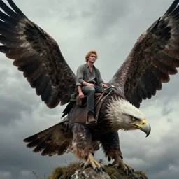 portrait man sitting in saddle on giant eagle bird by greg rutkowski, fantasy
