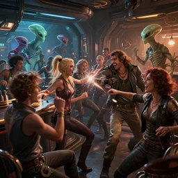 a brawl breaking out in a sci fi bar where the patrons are aliens, digital art by julie bell and artgerm and ross tran and angel ganev, highly detailed, trending on artstationhq, lens flare, sharp focus, sharp, motion blur