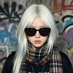 highly detailed portrait of a sewer punk lady student, shades, blue eyes, tartan scarf, white hair by atey ghailan, by greg rutkowski, by greg tocchini, by james gilleard, by joe fenton, by kaethe butcher, gradient blue, black, brown and cream color scheme, grunge aesthetic!!! ( ( graffiti tag wall background ) )